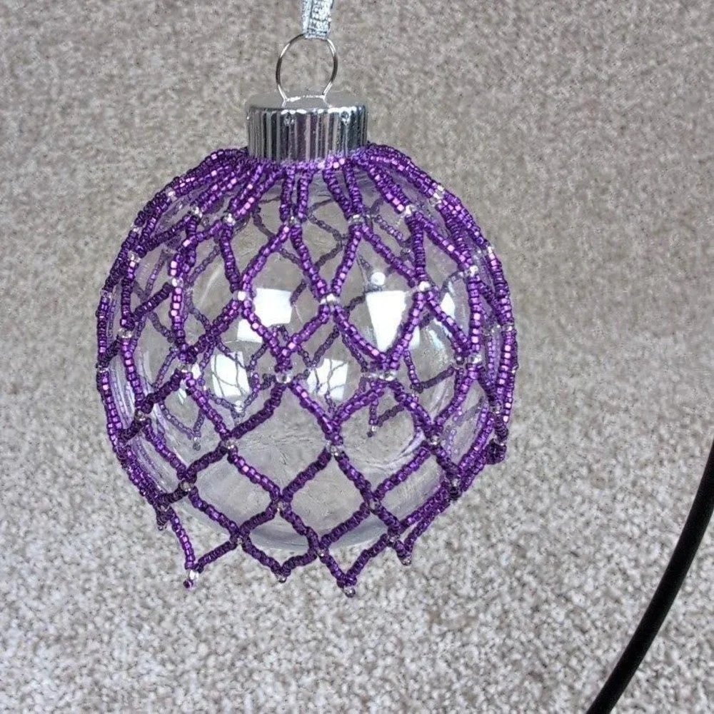 Purple Beaded Christmas Ornament with Silver Ribbon Plastic‎ Ball Holiday